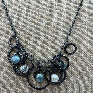 Lia Sophia Necklace | Gunmetal Tone Circles |Faux Pearl Beads 16”-19” Blue white